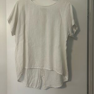 Women's White Linen High-Low Short Sleeve Top
